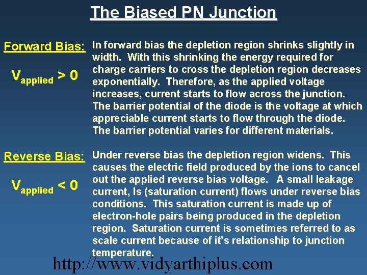 The Biased PN Junction Forward Bias: In forward bias the depletion region shrinks slightly