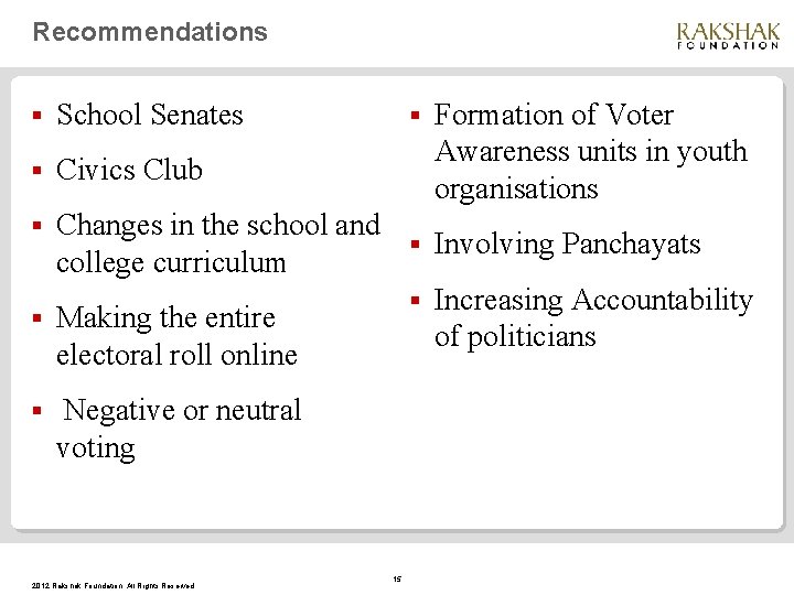 Recommendations § School Senates § Civics Club § Formation of Voter Awareness units in