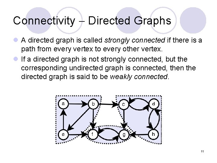 Connectivity Directed Graphs l A directed graph is called strongly connected if there is