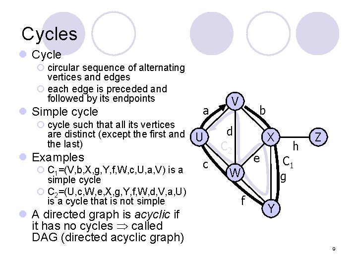 Cycles l Cycle ¡ circular sequence of alternating vertices and edges ¡ each edge