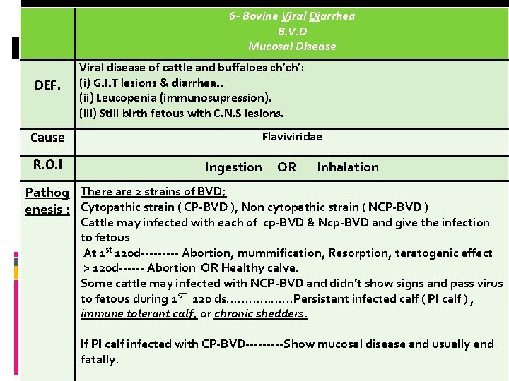 6 - Bovine Viral Diarrhea B. V. D Mucosal Disease DEF. Cause R. O.