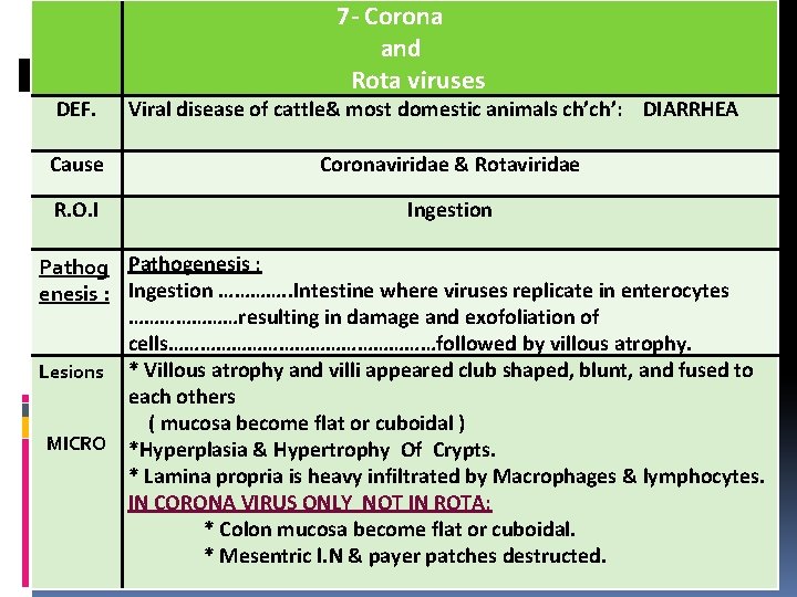 DEF. 7 - Corona and Rota viruses Viral disease of cattle& most domestic animals
