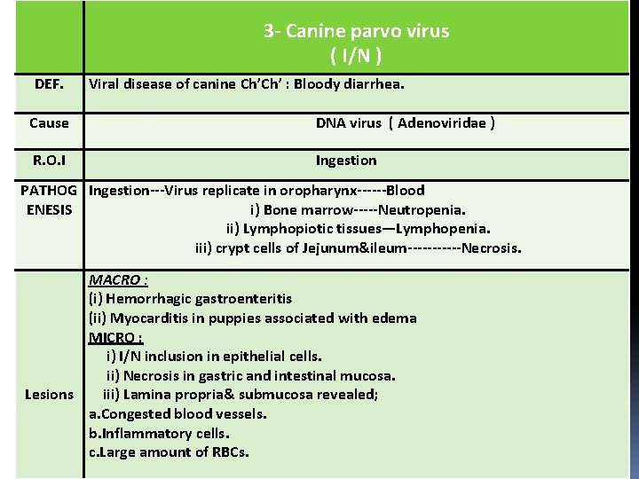 3 - Canine parvo virus ( I/N ) DEF. Viral disease of canine Ch’Ch’