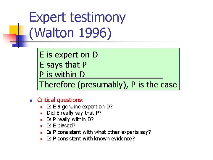 Expert testimony (Walton 1996) E is expert on D E says that P P Expert testimony (Walton 1996) E is expert on D E says that P P
