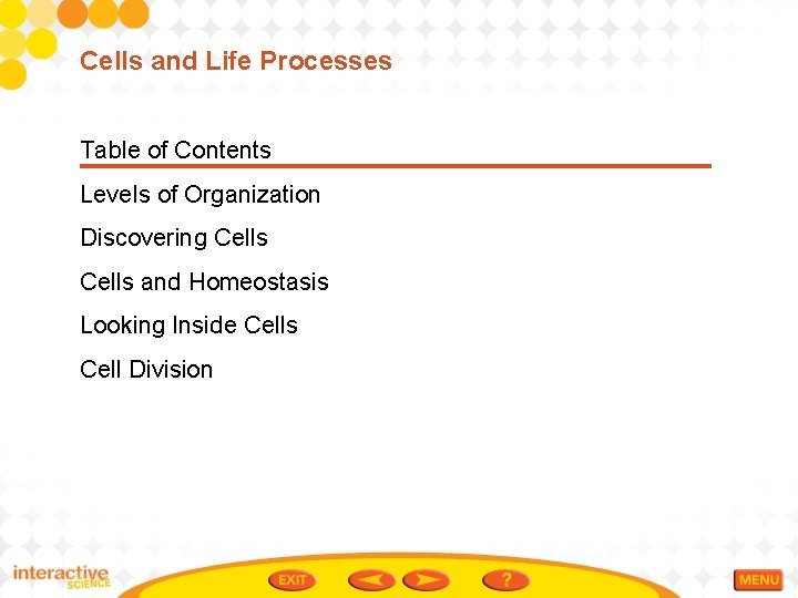 Cells and Life Processes Table of Contents Levels of Organization Discovering Cells and Homeostasis