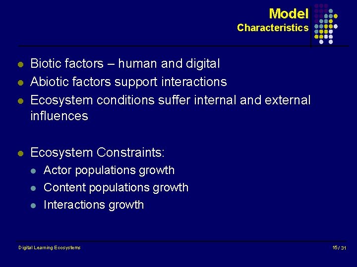 Model Characteristics l l Biotic factors – human and digital Abiotic factors support interactions