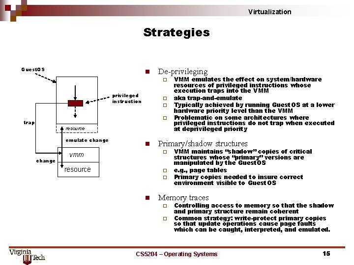 Virtualization Strategies Guest. OS n De-privileging ¨ privileged instruction ¨ ¨ ¨ trap resource