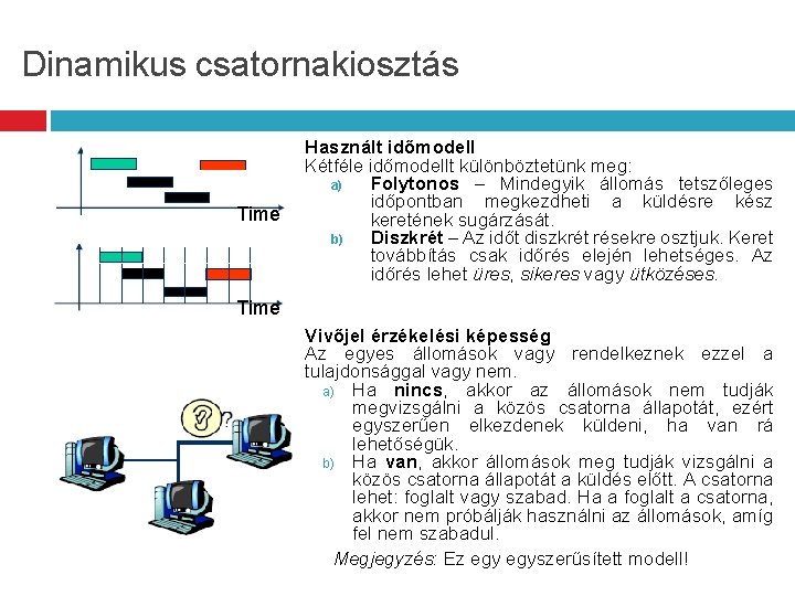 Dinamikus csatornakiosztás Time Használt időmodell Kétféle időmodellt különböztetünk meg: a) Folytonos – Mindegyik állomás