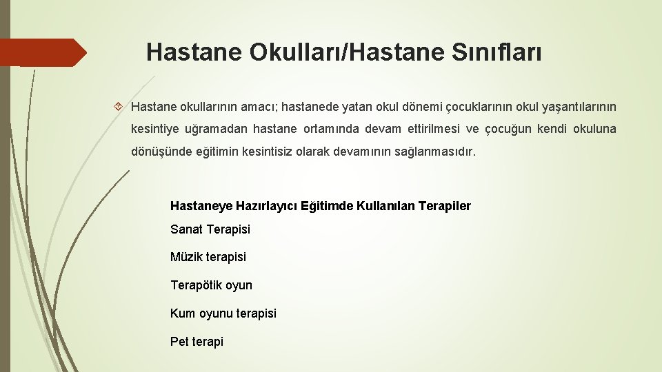 Hastane Okulları/Hastane Sınıfları Hastane okullarının amacı; hastanede yatan okul dönemi çocuklarının okul yaşantılarının kesintiye