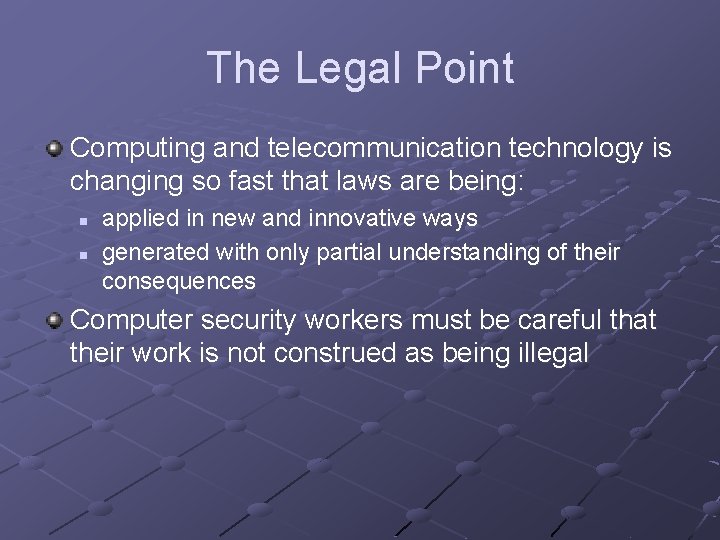 The Legal Point Computing and telecommunication technology is changing so fast that laws are