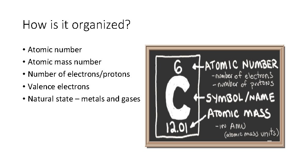 How is it organized? • Atomic number • Atomic mass number • Number of