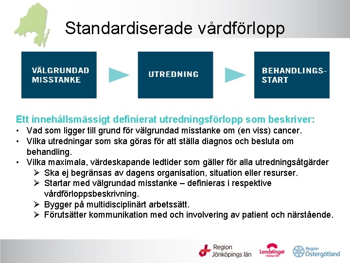 Standardiserade vårdförlopp Ett innehållsmässigt definierat utredningsförlopp som beskriver: • Vad som ligger till grund