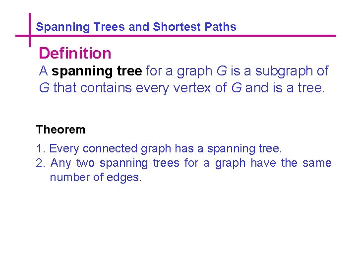 Spanning Trees and Shortest Paths Definition A spanning tree for a graph G is