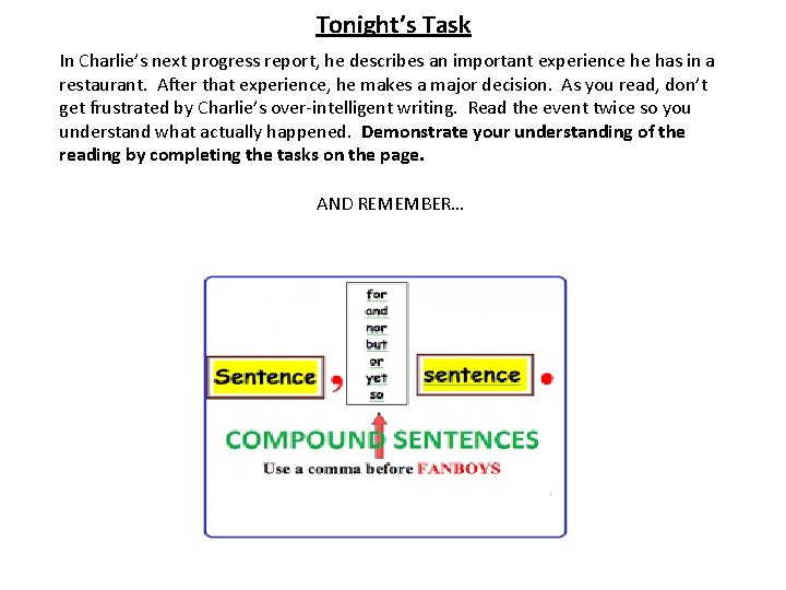 Tonight’s Task In Charlie’s next progress report, he describes an important experience he has