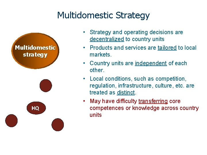 Multidomestic Strategy Multidomestic strategy HQ • Strategy and operating decisions are decentralized to country