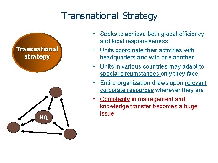 Transnational Strategy Transnational strategy HQ • Seeks to achieve both global efficiency and local