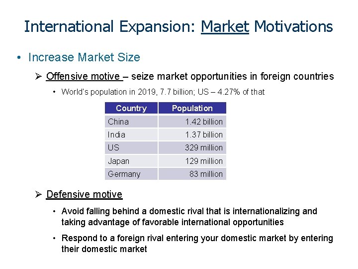 International Expansion: Market Motivations • Increase Market Size Ø Offensive motive – seize market