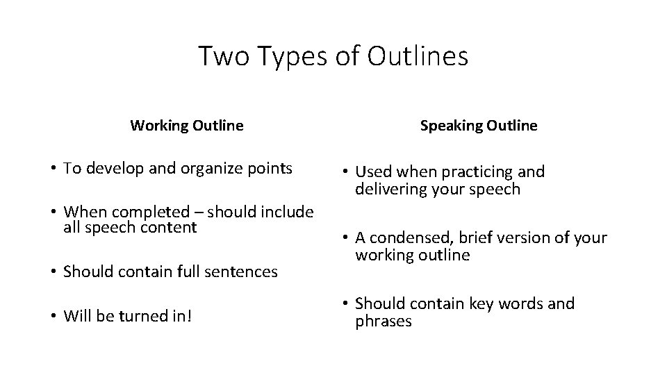 Two Types of Outlines Working Outline • To develop and organize points • When