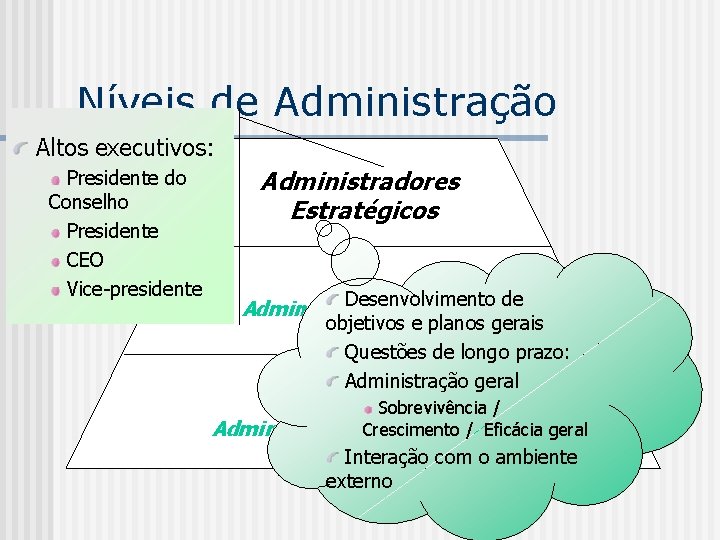 Níveis de Administração Altos executivos: Presidente do Conselho Presidente CEO Vice-presidente Administradores Estratégicos Desenvolvimento