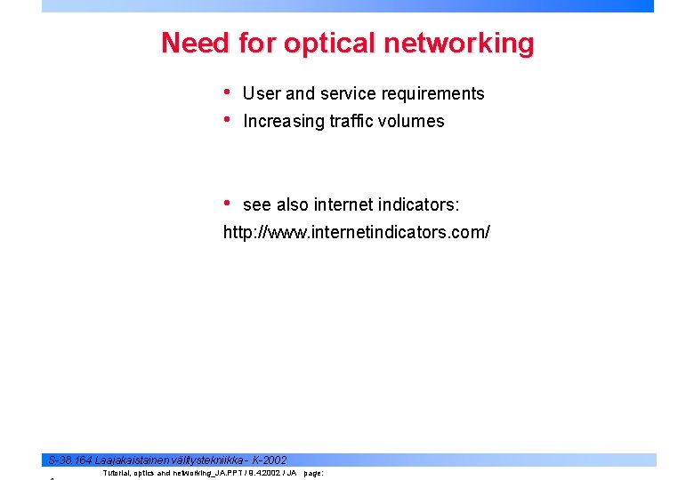 Need for optical networking • • User and service requirements • see also internet