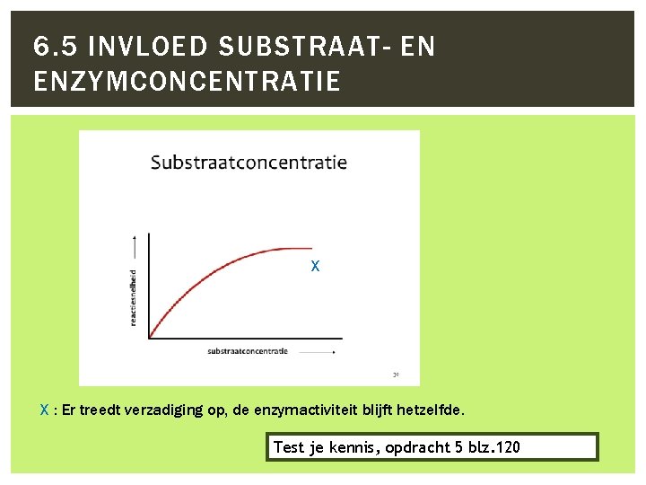 6. 5 INVLOED SUBSTRAAT- EN ENZYMCONCENTRATIE X X : Er treedt verzadiging op, de