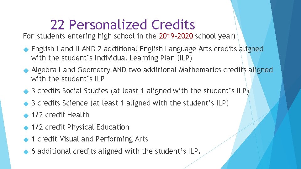 22 Personalized Credits For students entering high school in the 2019 -2020 school year)