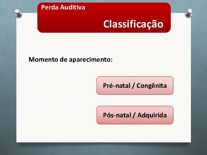 Perda Auditiva Classificação Momento de aparecimento: Pré-natal / Congênita Pós-natal / Adquirida 