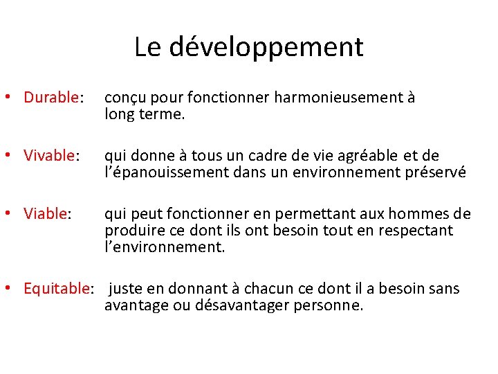 Le développement • Durable: conçu pour fonctionner harmonieusement à long terme. • Vivable: qui