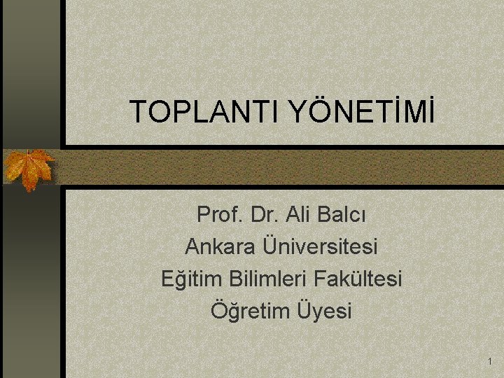 TOPLANTI YÖNETİMİ Prof. Dr. Ali Balcı Ankara Üniversitesi Eğitim Bilimleri Fakültesi Öğretim Üyesi 1