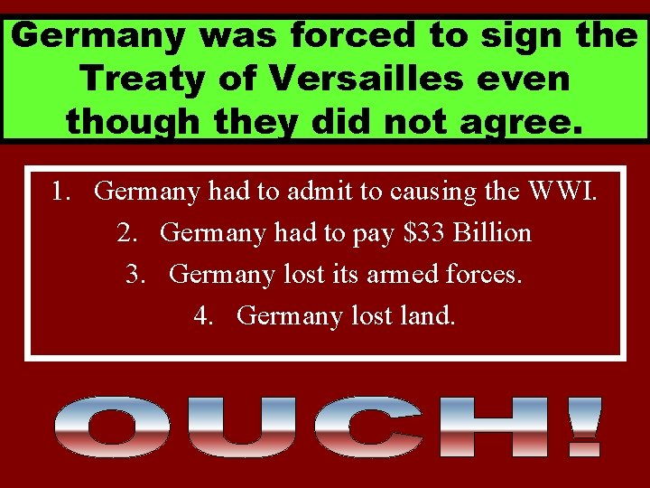 Germany was forced to sign the Treaty of Versailles even though they did not