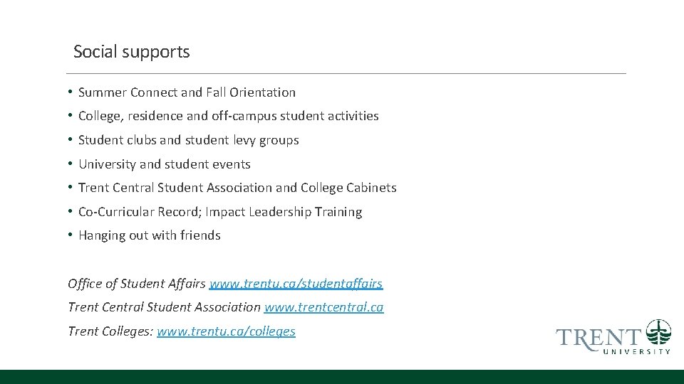 Social supports • Summer Connect and Fall Orientation • College, residence and off-campus student