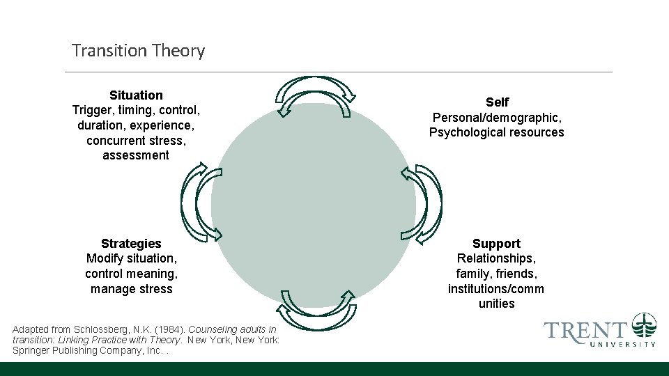 Transition Theory Situation Trigger, timing, control, duration, experience, concurrent stress, assessment Strategies Modify situation,