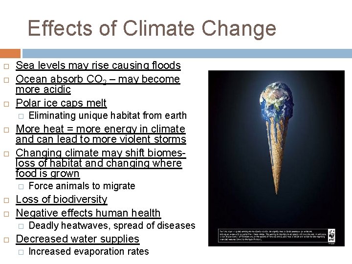 Effects of Climate Change Sea levels may rise causing floods Ocean absorb CO 2