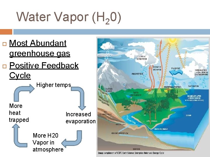 Water Vapor (H 20) Most Abundant greenhouse gas Positive Feedback Cycle Higher temps More