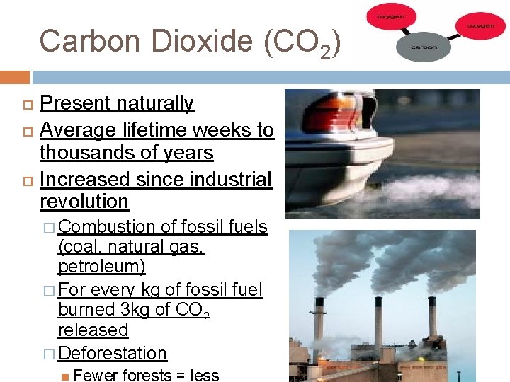 Carbon Dioxide (CO 2) Present naturally Average lifetime weeks to thousands of years Increased