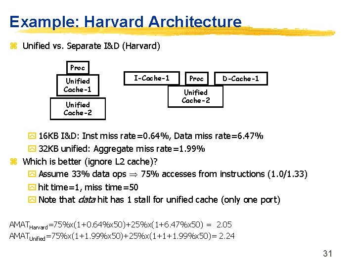 Example: Harvard Architecture z Unified vs. Separate I&D (Harvard) Proc Unified Cache-1 Unified Cache-2