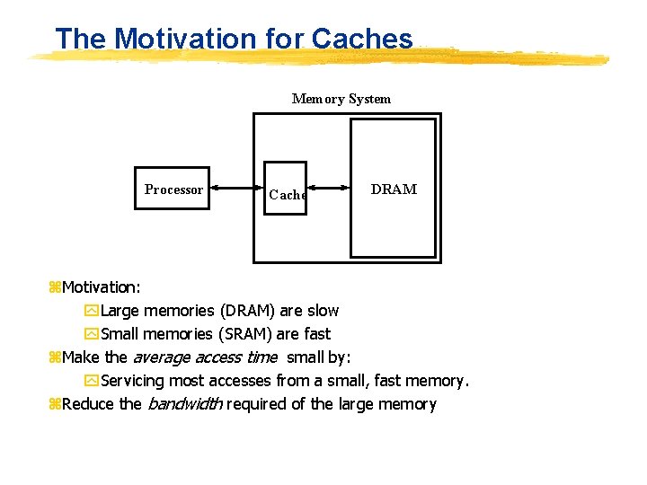 The Motivation for Caches Memory System Processor Cache DRAM z. Motivation: y. Large memories