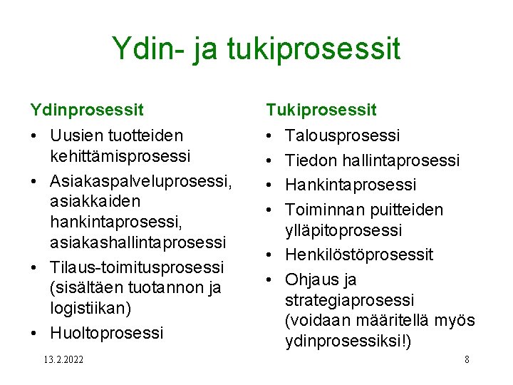 Ydin- ja tukiprosessit Ydinprosessit Tukiprosessit • Uusien tuotteiden kehittämisprosessi • Asiakaspalveluprosessi, asiakkaiden hankintaprosessi, asiakashallintaprosessi