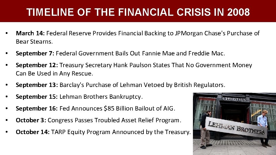 TIMELINE OF THE FINANCIAL CRISIS IN 2008 • March 14: Federal Reserve Provides Financial