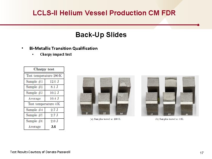 LCLS-II Helium Vessel Production CM FDR Back-Up Slides • Bi-Metallic Transition Qualification • Charpy