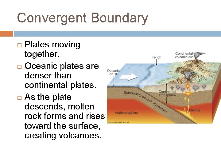 Convergent Boundary Plates moving together. Oceanic plates are denser than continental plates. As the