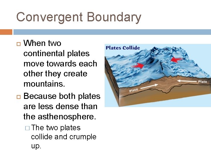 Convergent Boundary When two continental plates move towards each other they create mountains. Because