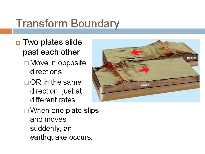 Transform Boundary Two plates slide past each other � Move in opposite directions �