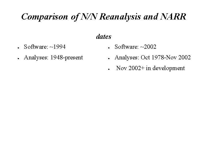 Comparison of N/N Reanalysis and NARR dates ● Software: ~1994 ● Software: ~2002 ●