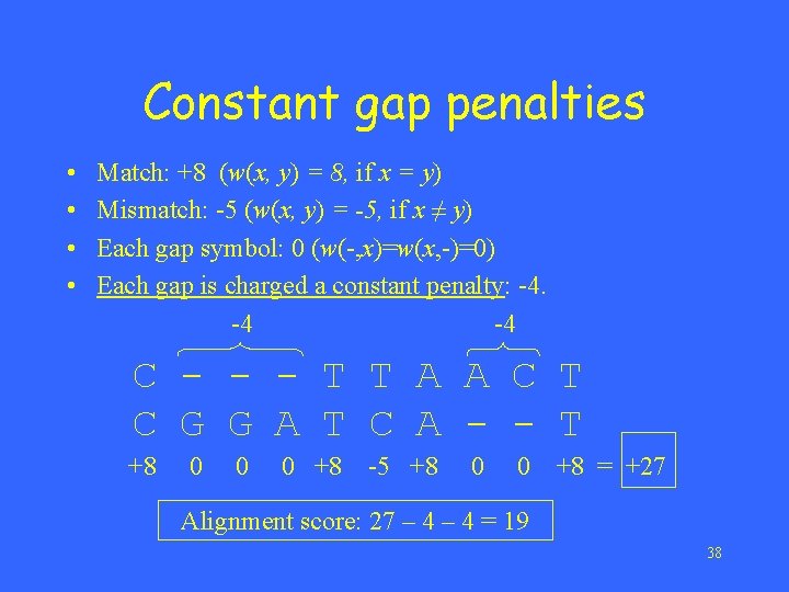 Constant gap penalties • • Match: +8 (w(x, y) = 8, if x =
