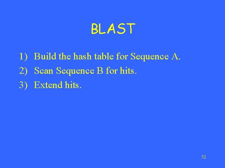 BLAST 1) Build the hash table for Sequence A. 2) Scan Sequence B for