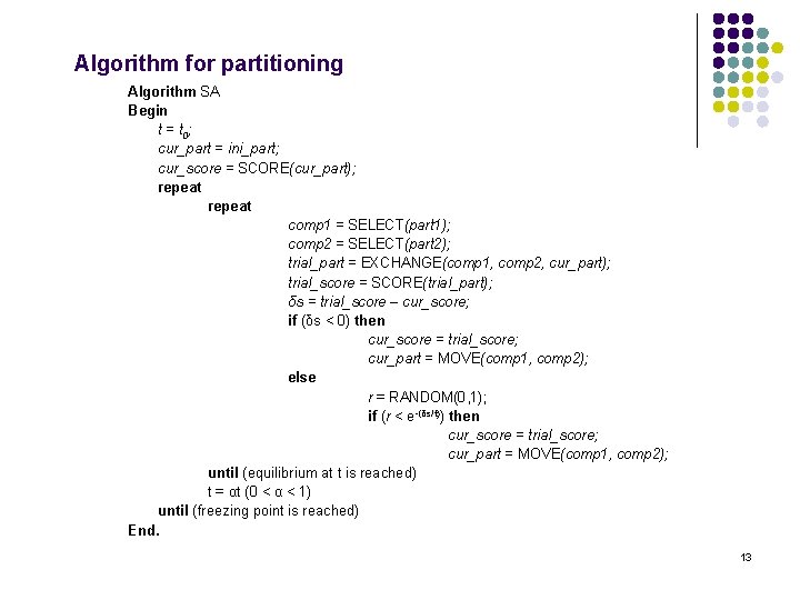 Algorithm for partitioning Algorithm SA Begin t = t 0; cur_part = ini_part; cur_score