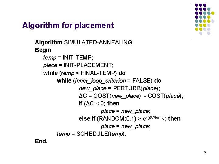 Algorithm for placement Algorithm SIMULATED-ANNEALING Begin temp = INIT-TEMP; place = INIT-PLACEMENT; while (temp