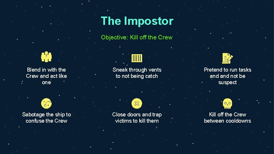 The Impostor Objective: Kill off the Crew Blend in with the Crew and act