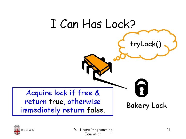 I Can Has Lock? try. Lock() Acquire lock if free & return true, otherwise